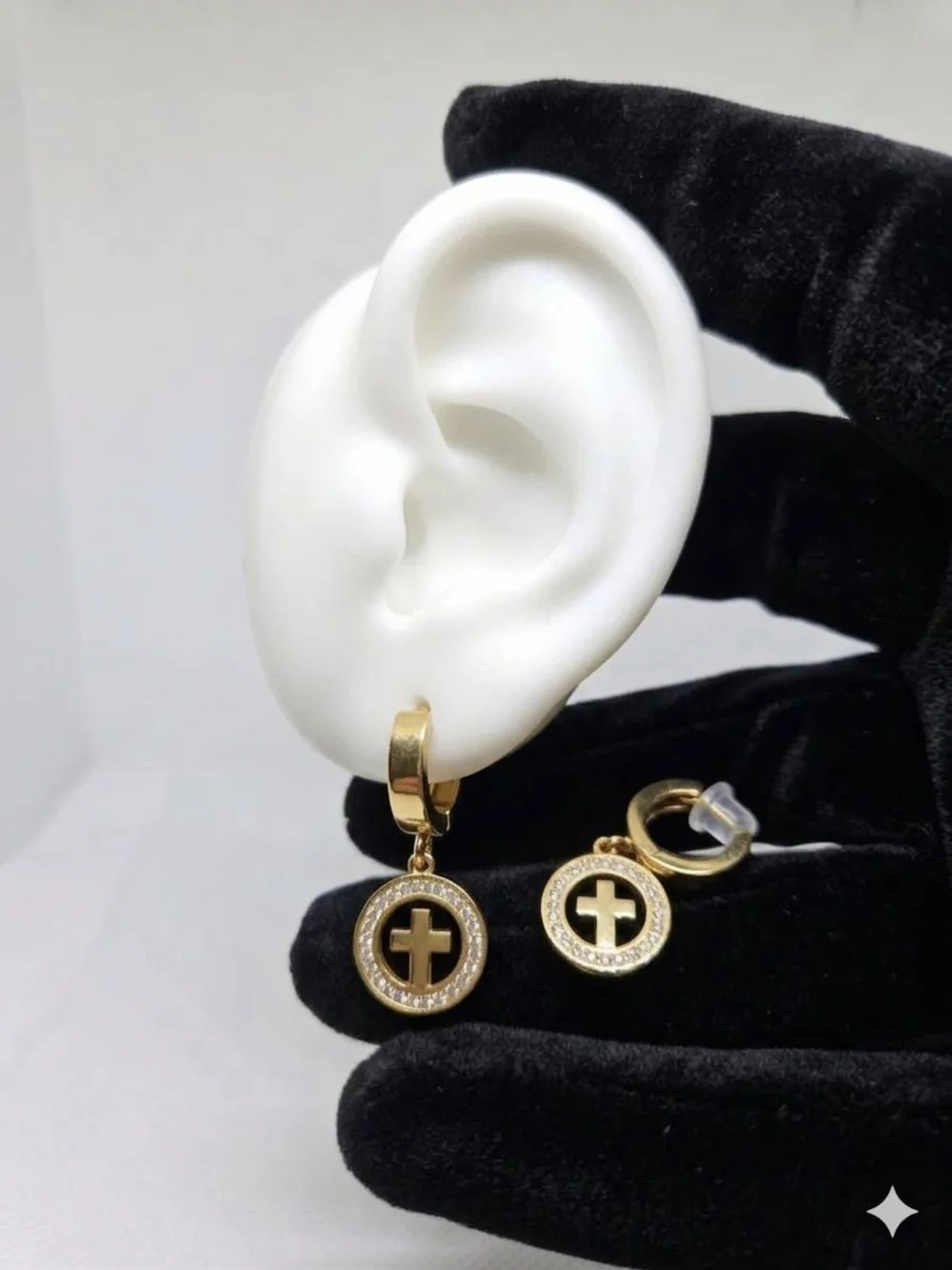 Gold Cross Circle Drop Huggie Earrings